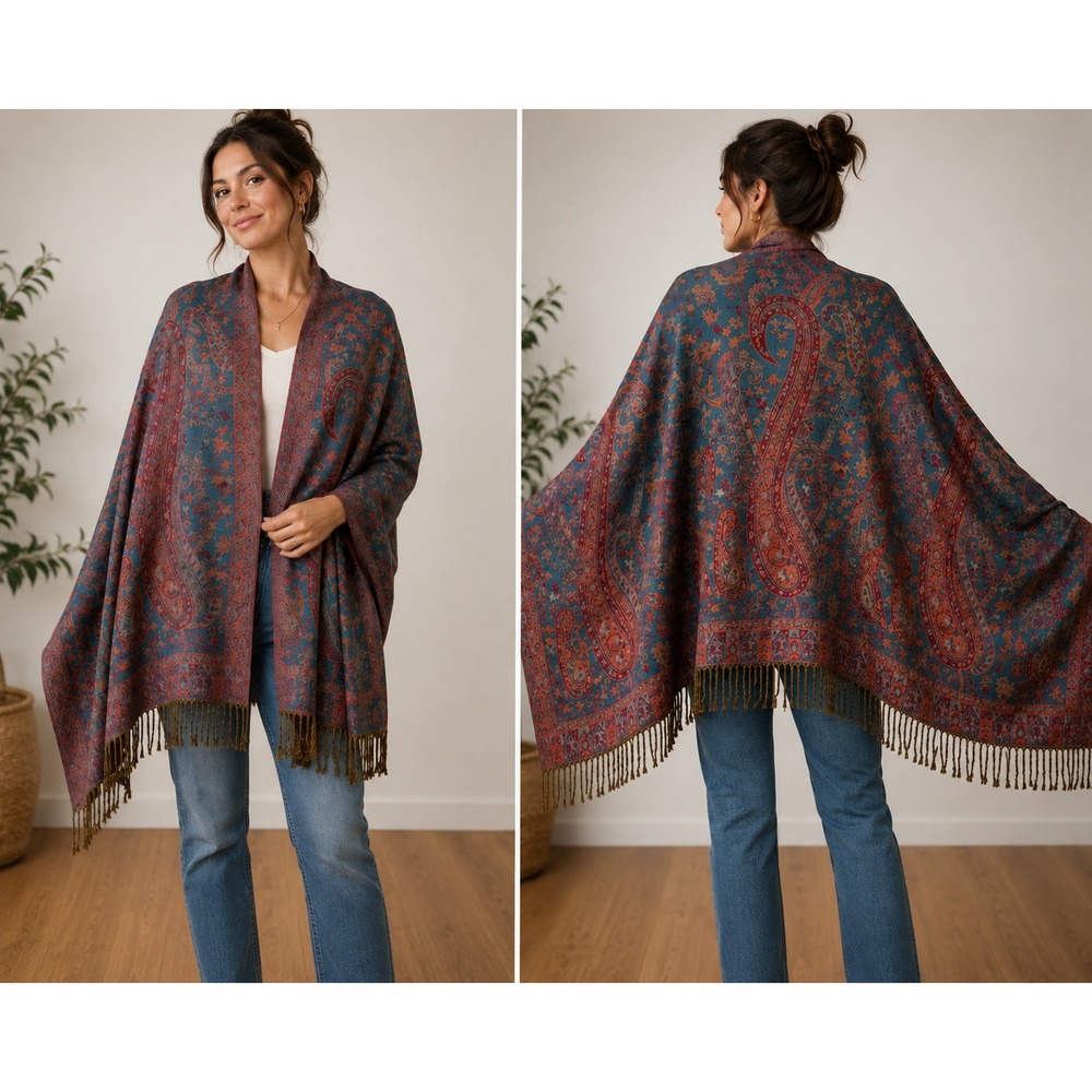 Pashmina Cashmere Silk Shawl Wrap Paisley Teal Red Fringe 48x72